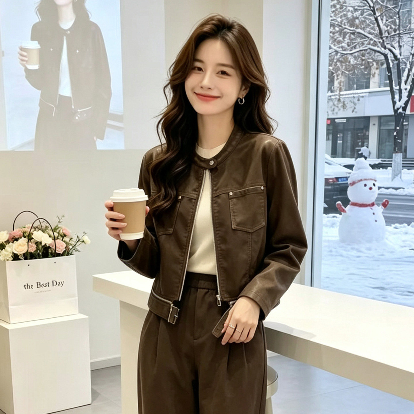 复古立领短款PU机车皮衣外套女秋