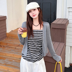 早初秋条纹披肩防晒上衣女款春秋装高级感洋气减龄吊带背心两件套