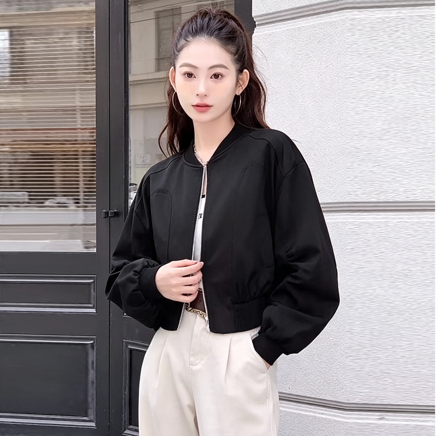 复古酷飒黑色立领显瘦短款夹克女