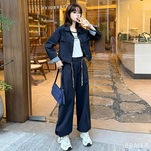工装翻领夹克背心阔腿裤三件套女
