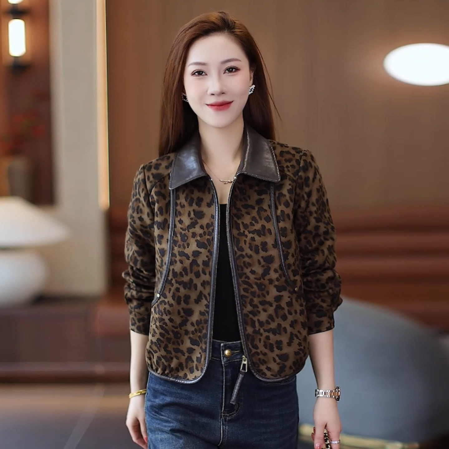 复古豹纹风麂皮绒显瘦短外套女秋