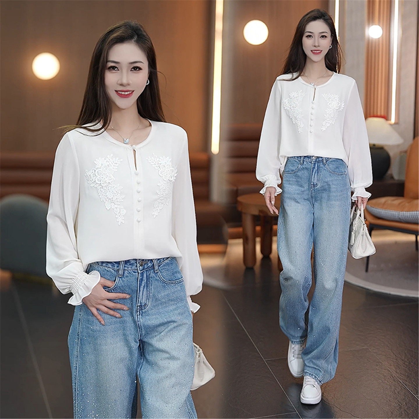刺绣花朵长袖通勤雪纺衬衫女春季新款时尚洋气衬衣百搭小个子上衣