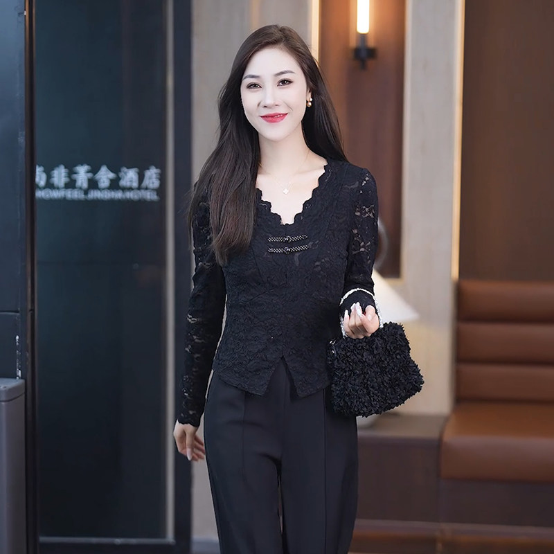 法式V领蕾丝衫女长袖上衣打底衫T