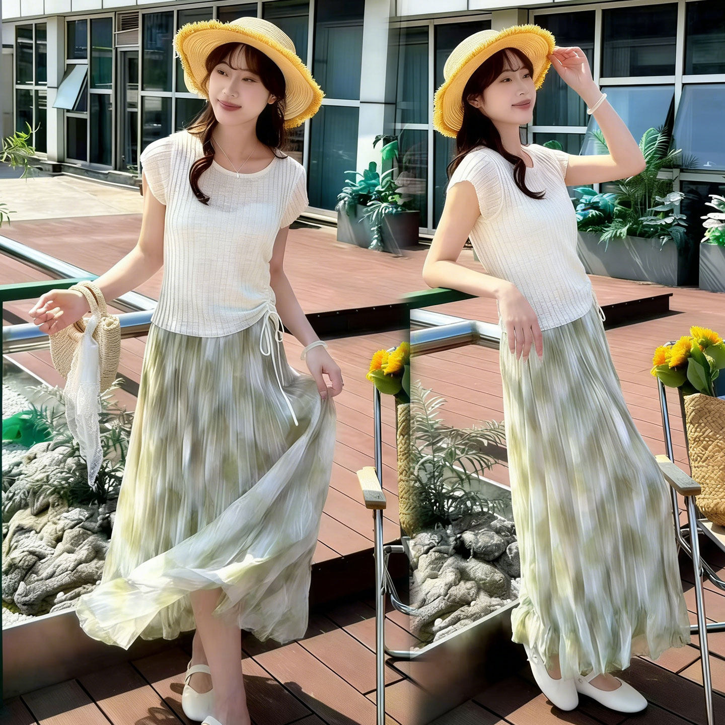 夏季显瘦减龄针织上衣碎花连衣裙