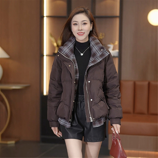 韩式格纹拼接假两件羽绒服女短款冬季加厚保暖立领显瘦白鸭绒外套