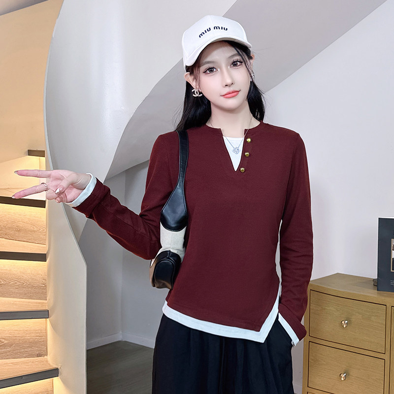 T恤外穿2024秋装时尚假两件拼接t恤女韩版圆领长袖洋气内搭打底衫