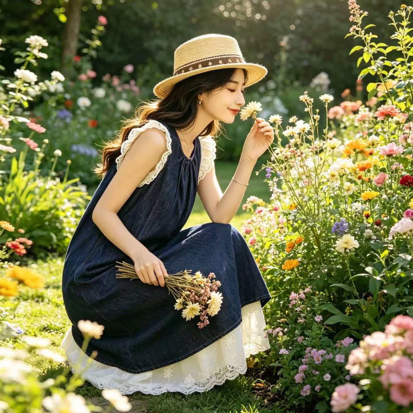 法式蕾丝牛仔连衣裙显瘦两件套女
