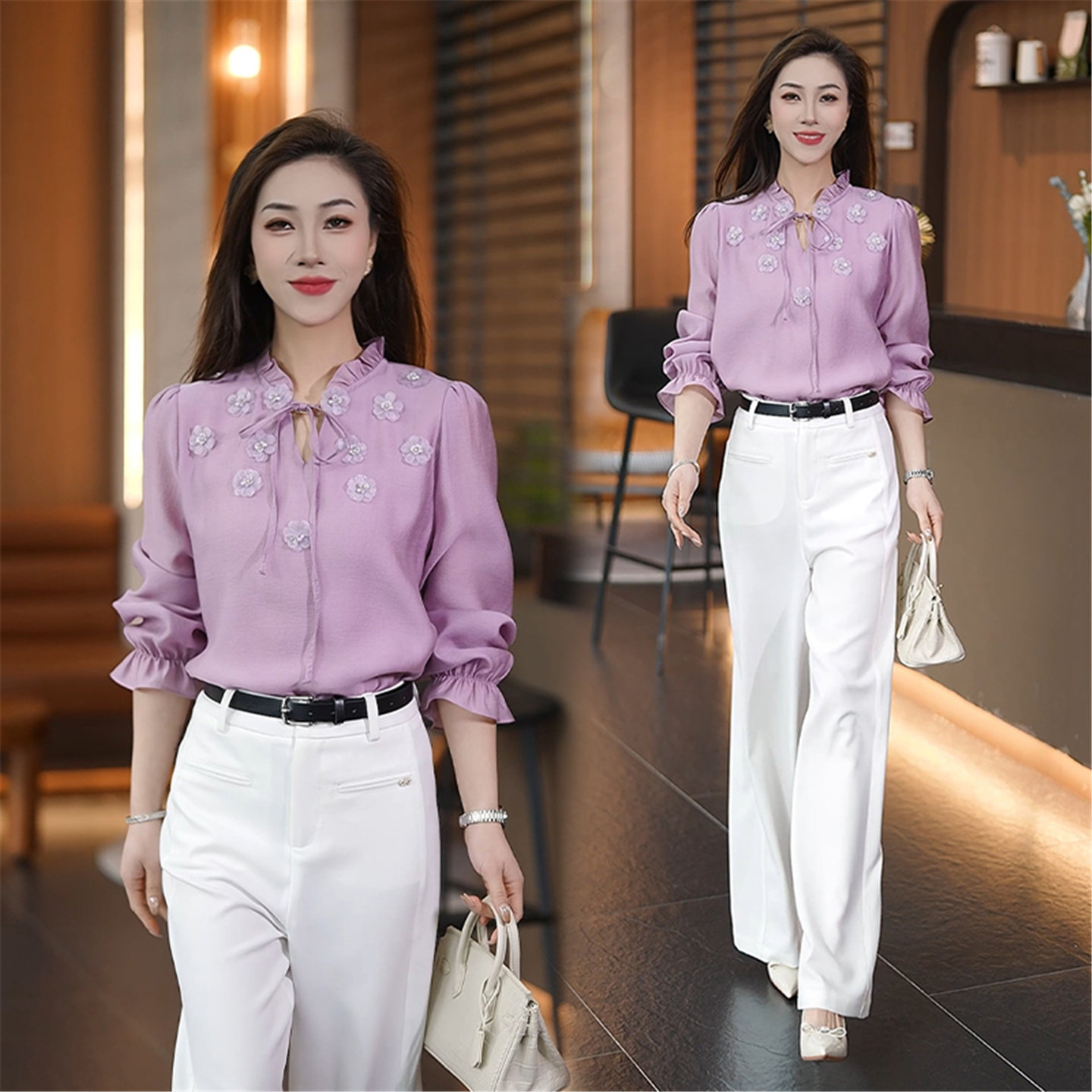 新中式刺绣衬衫女长袖系带立领显瘦气质上衣高腰阔腿裤时尚两件套,女装/女士精品,衬衫,淘宝优惠券,粉丝福利购,淘宝优惠卷