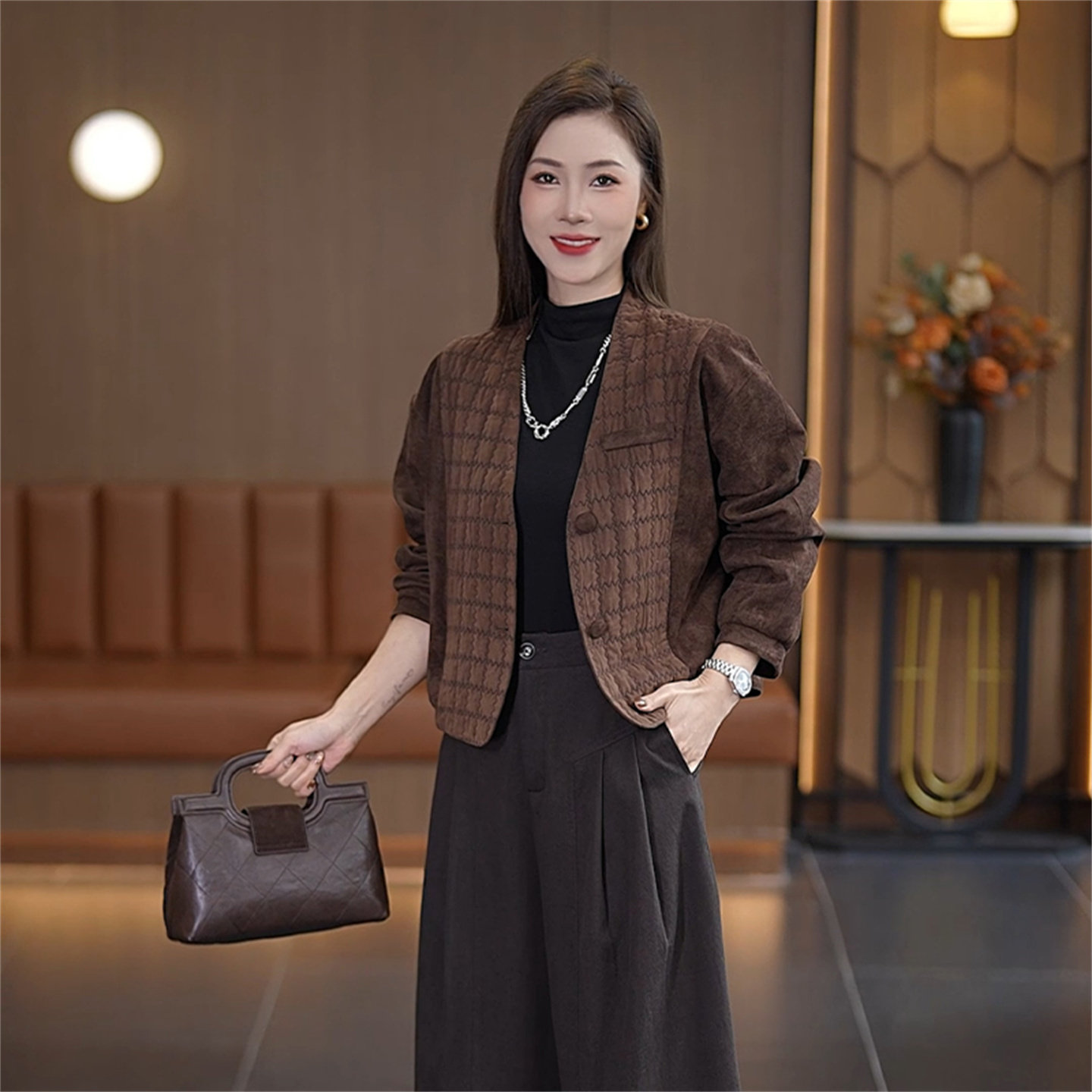 秋季小香风格纹毛呢短外套女装