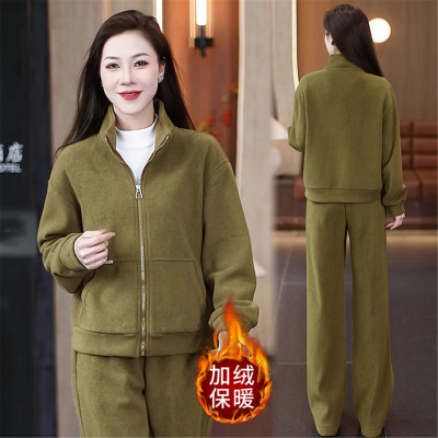加绒加厚保暖卫衣外套阔腿裤套装