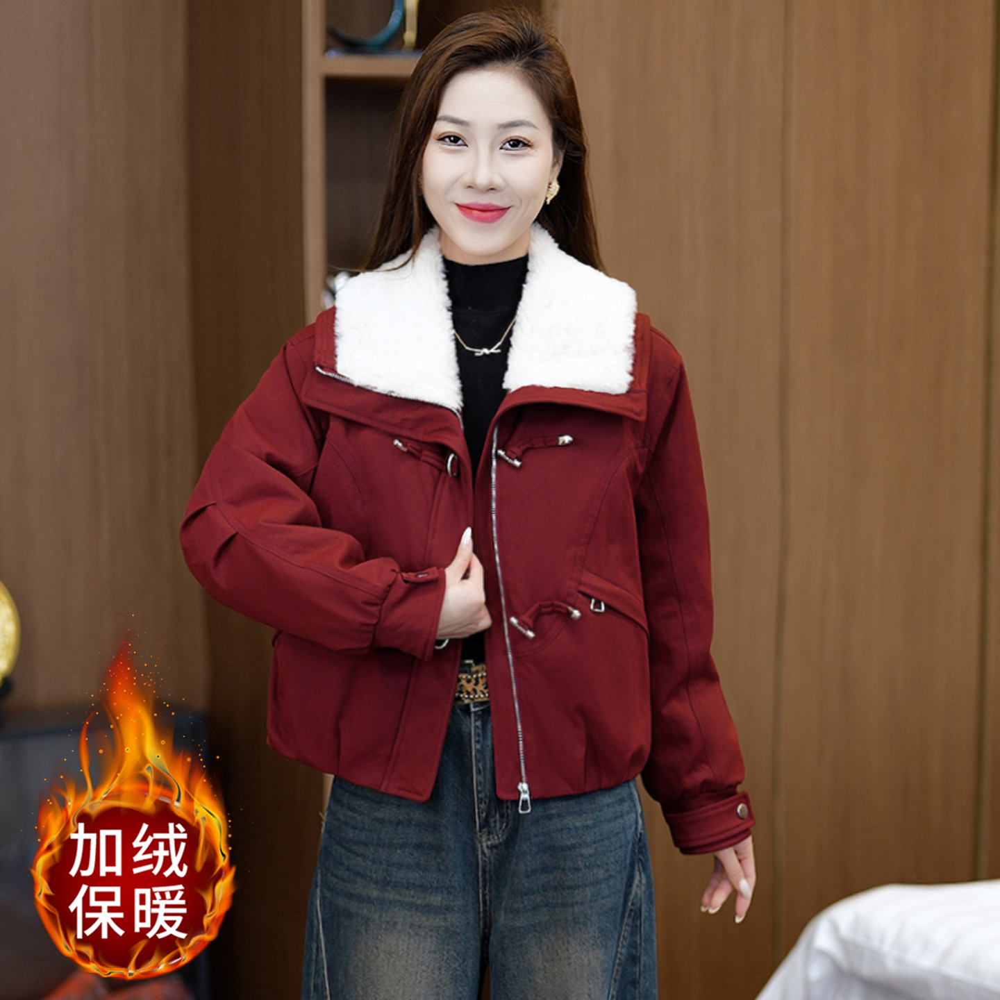 时尚毛领派克服女冬短款棉服外套