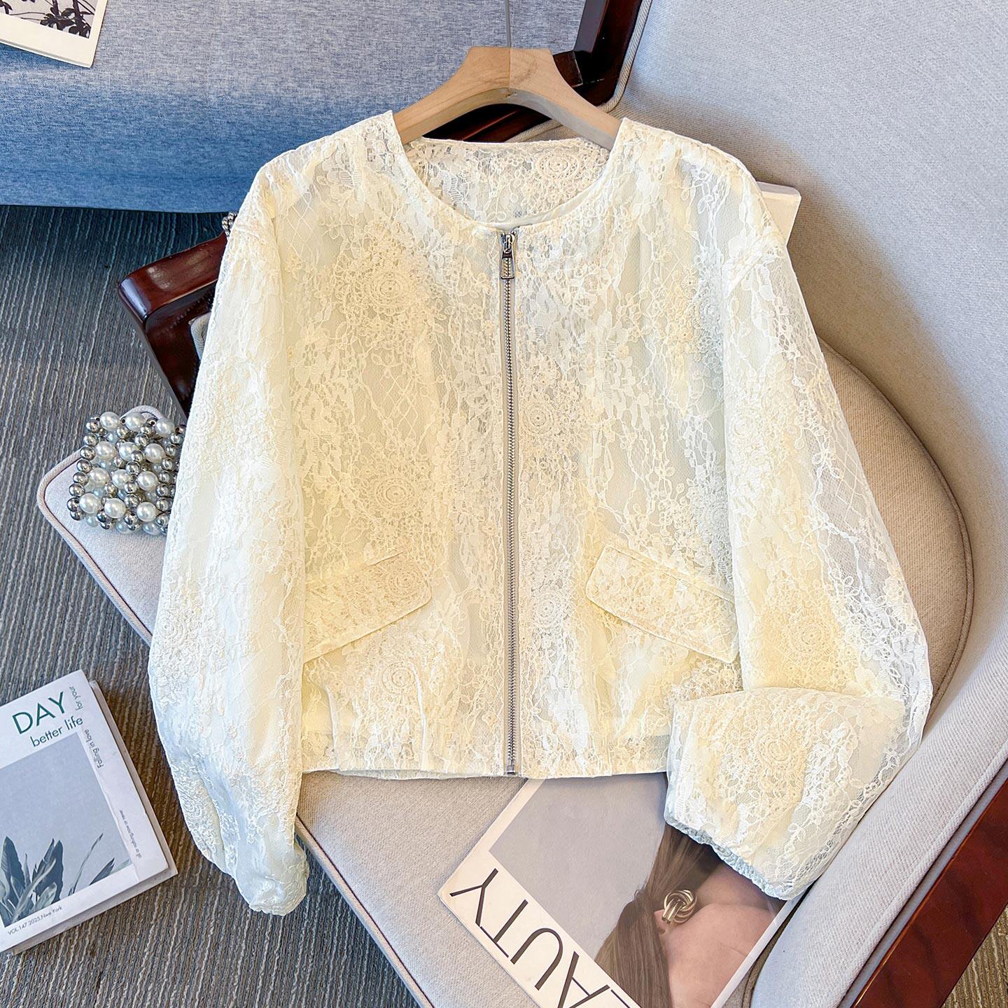 温柔奶油风重工蕾丝刺绣短外套女春季拉链显瘦小个子防晒夹克上衣