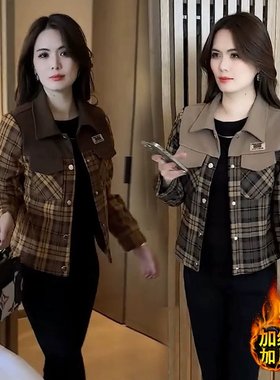 秋冬加绒加厚格子短外套女士衬衫