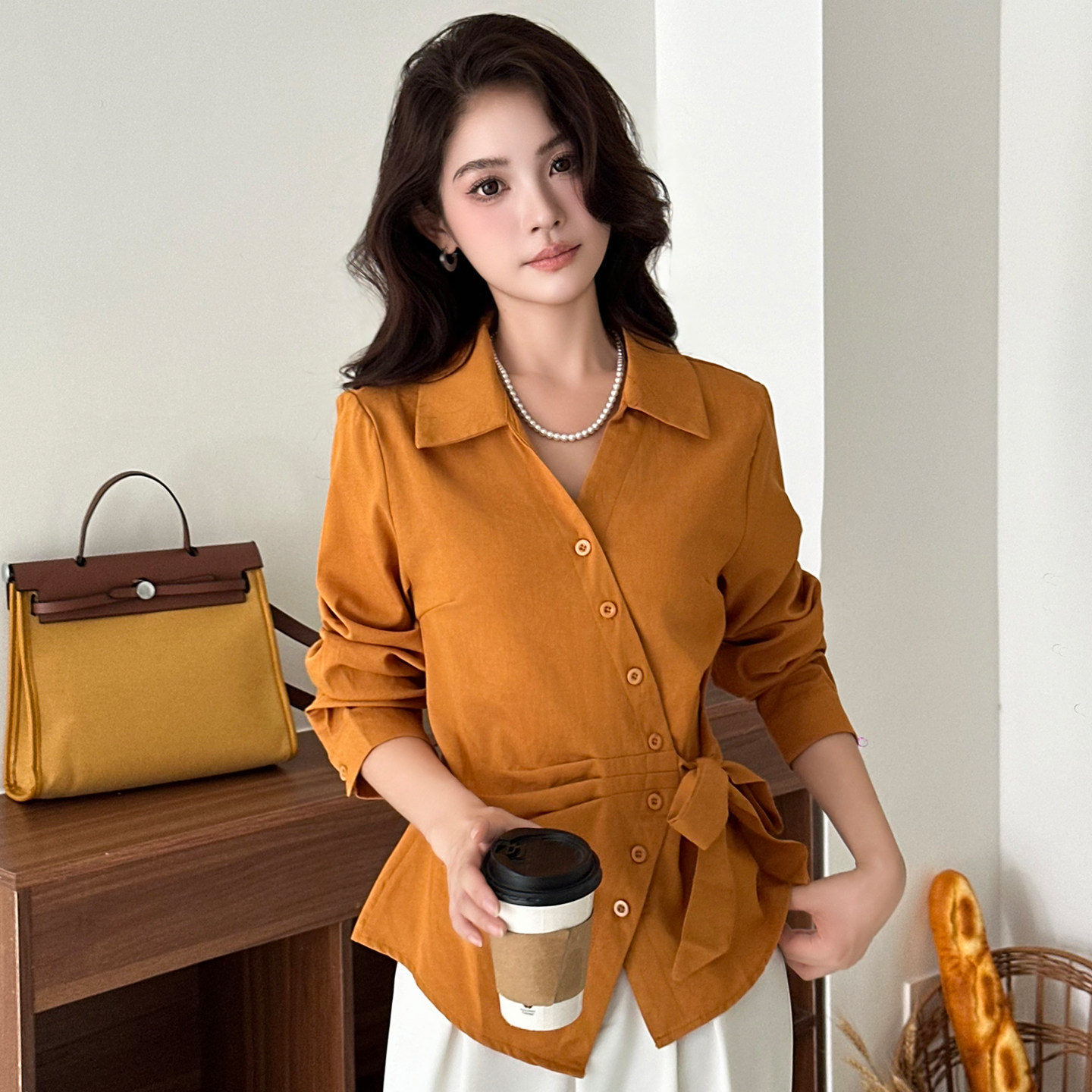 早初秋洋气减龄不规则系带收腰长袖衬衫女士百搭显瘦打底上衣衬衣
