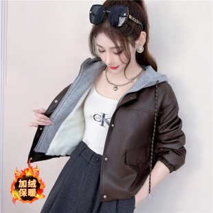 美式复古风假两件连帽加绒皮衣外套女短款秋冬宽松百搭皮夹克上衣