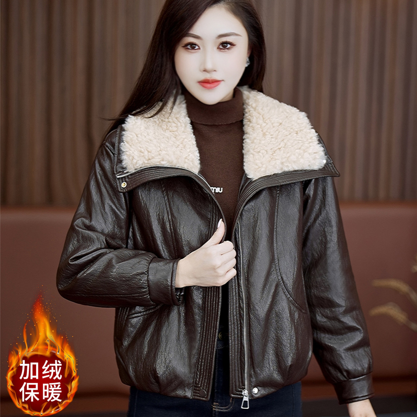 加绒加厚短款皮衣外套女冬季时尚大毛领宽松保暖机车PU皮夹克上衣