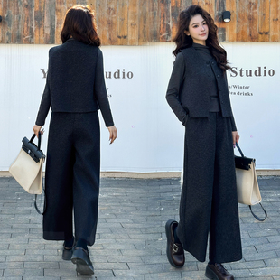 2025冬季时尚套装女款通勤毛呢马甲阔腿裤三件套显瘦时髦职业套装