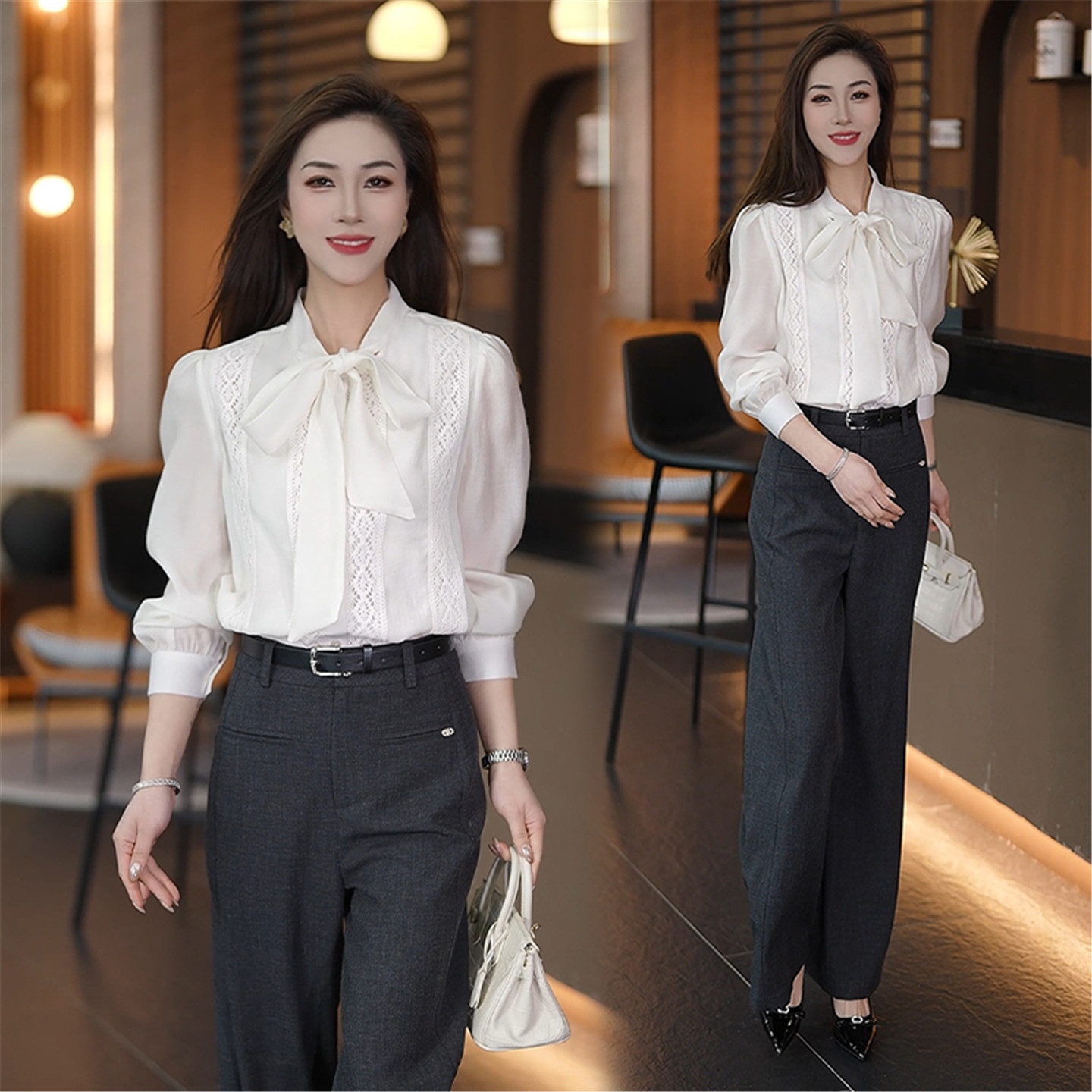 时尚气质套装女春季新款洋气设计感通勤OL蝴蝶结衬衫阔腿裤两件套,女装/女士精品,时尚套装,淘宝优惠券,粉丝福利购,淘宝优惠卷