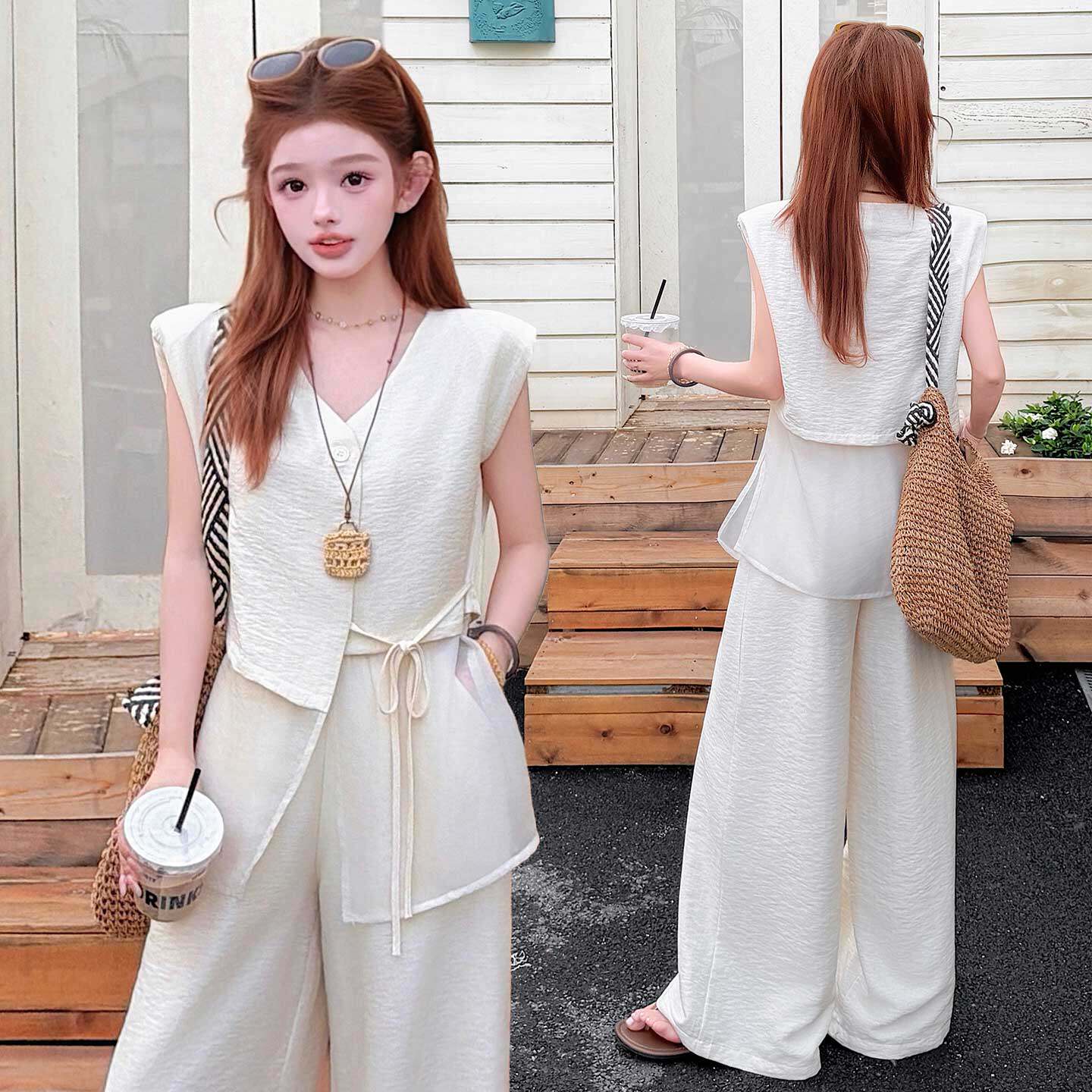 米白色网纱拼接马甲阔腿裤套装女夏季显瘦高级感通勤休闲两件套装