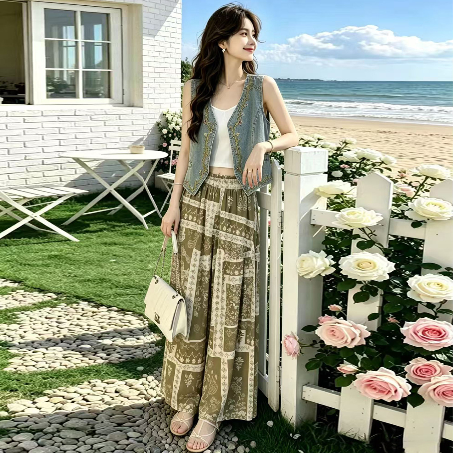 牛仔马甲碎花半身裙两件套夏季女
