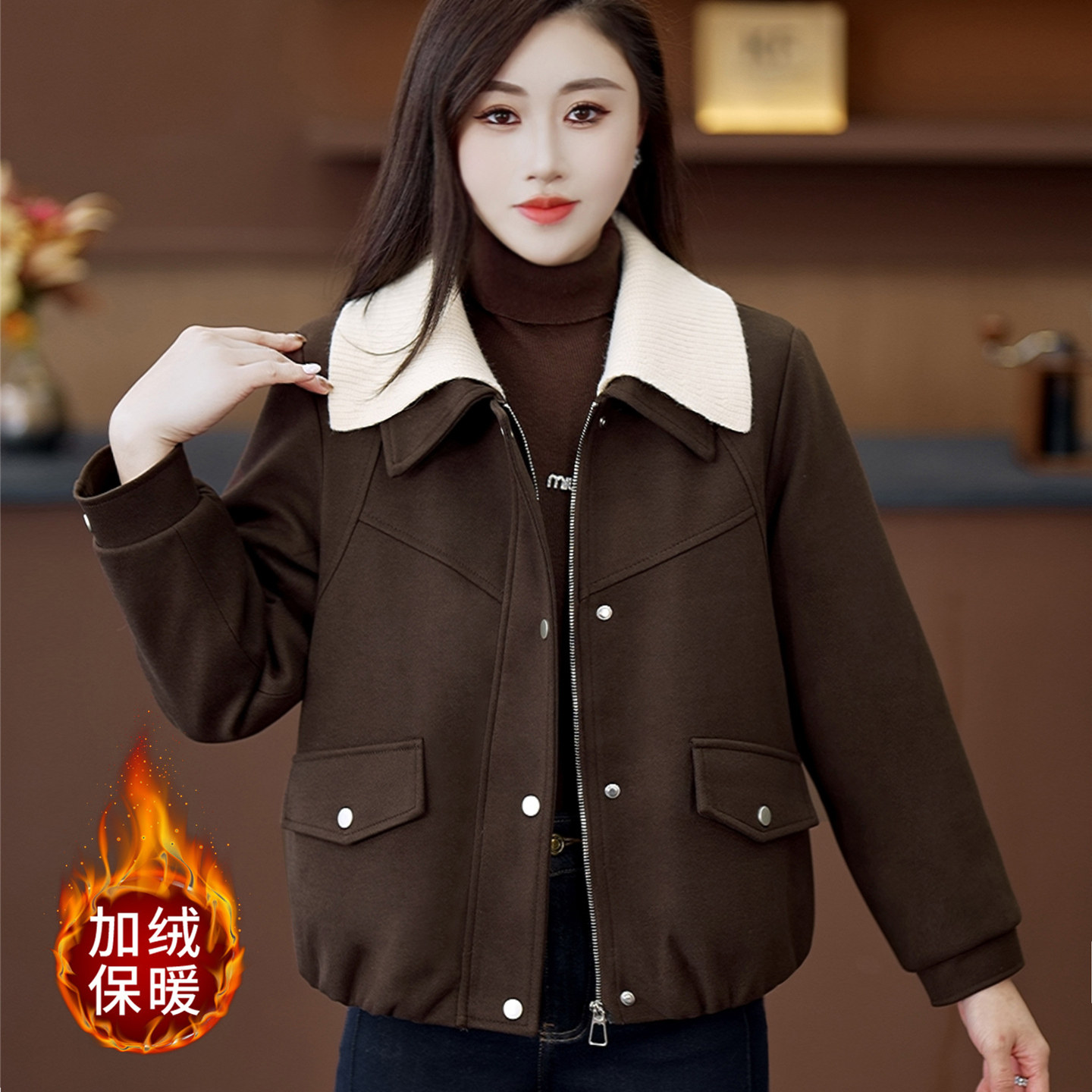 加绒加厚娃娃领短外套女秋冬季新款洋气百搭保暖休闲夹克呢子上衣