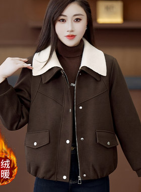 可拆卸毛领加绒加厚保暖呢子外套