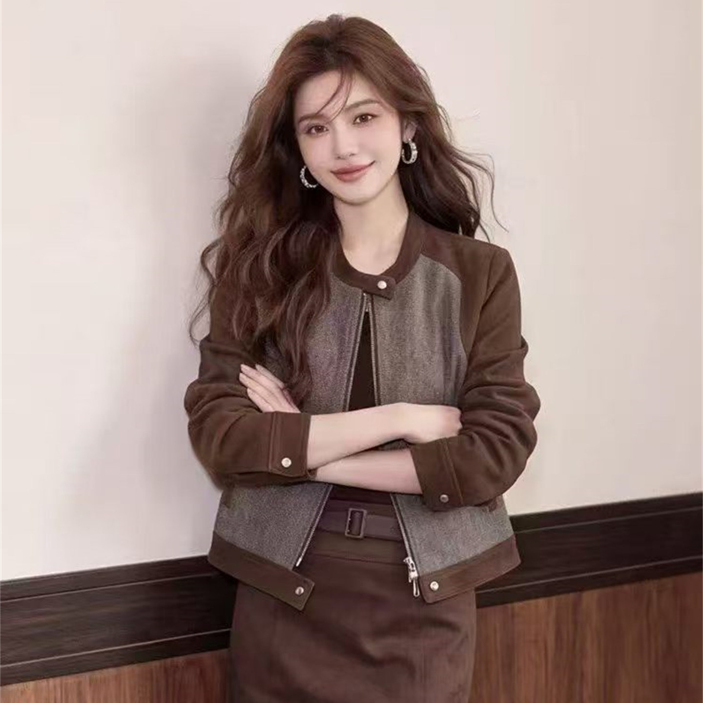 复古拼接麂皮绒短外套女春秋夹克