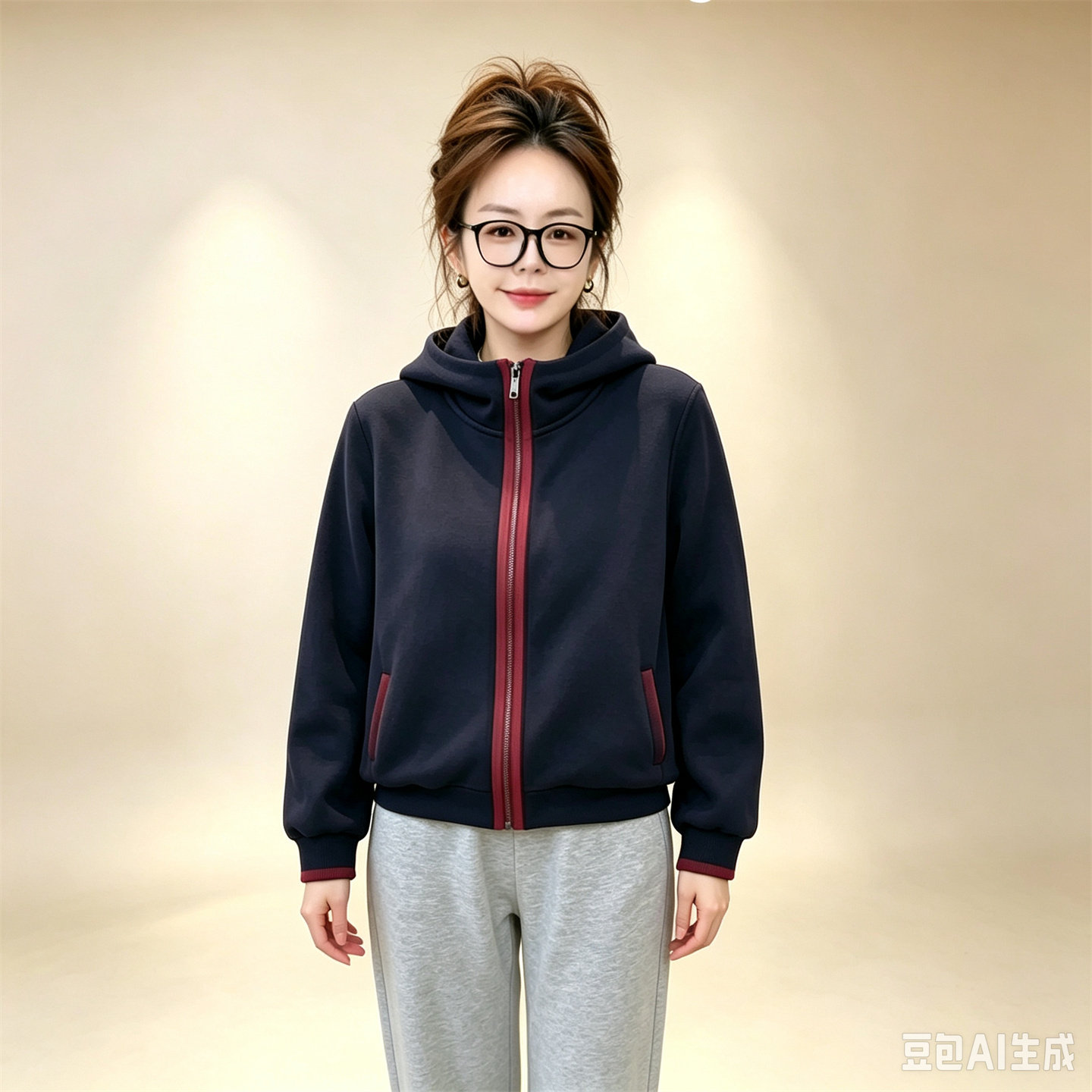 美式撞色连帽双拉链卫衣外套女秋