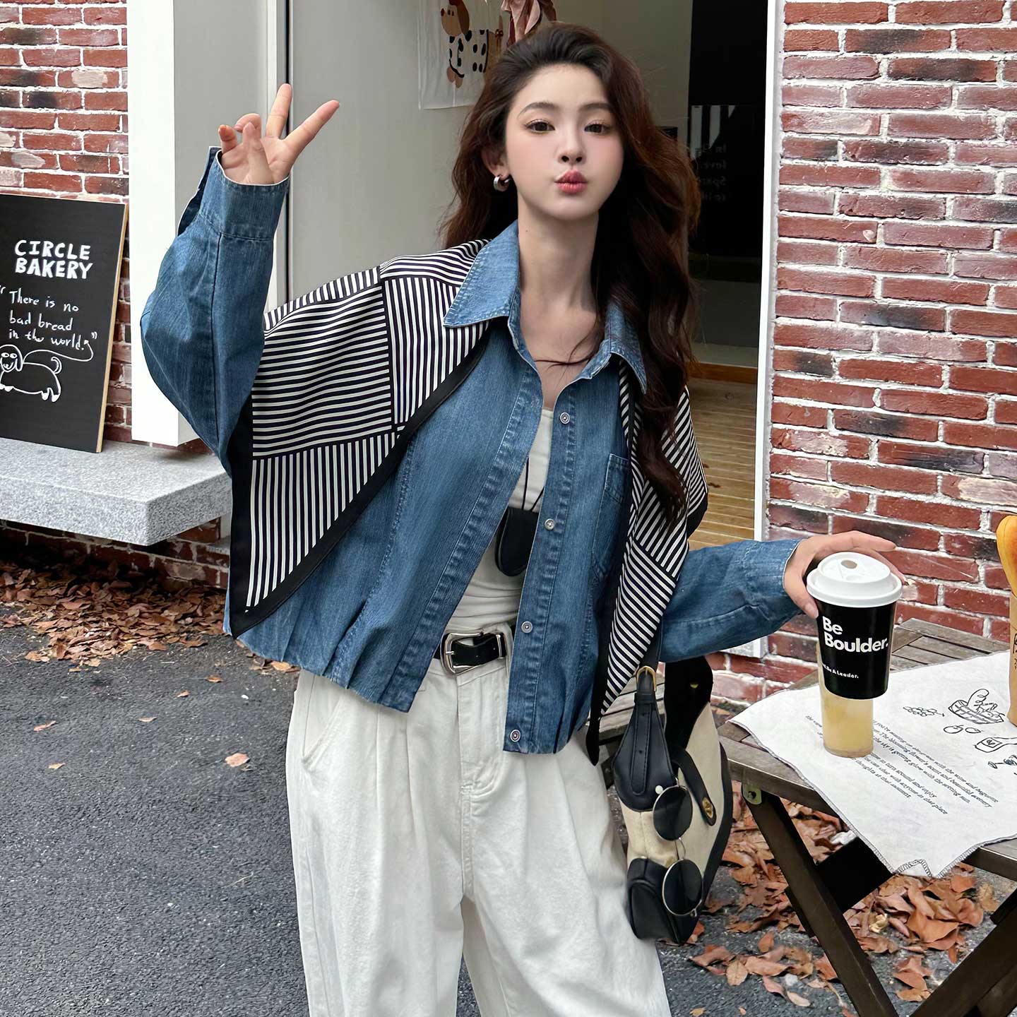 春秋条纹牛仔风短外套女显瘦夹克