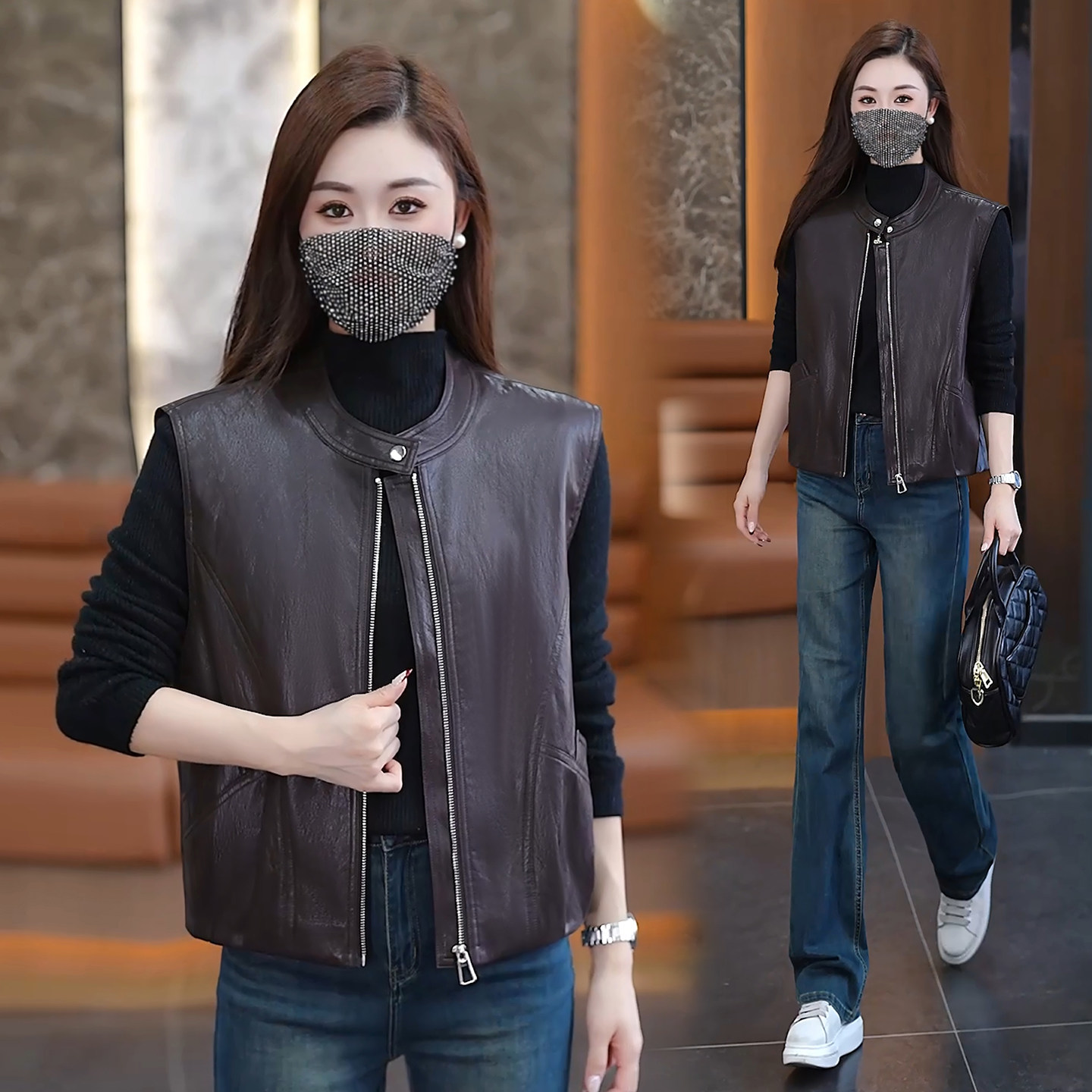 秋季立领PU皮机车风显瘦马甲女装