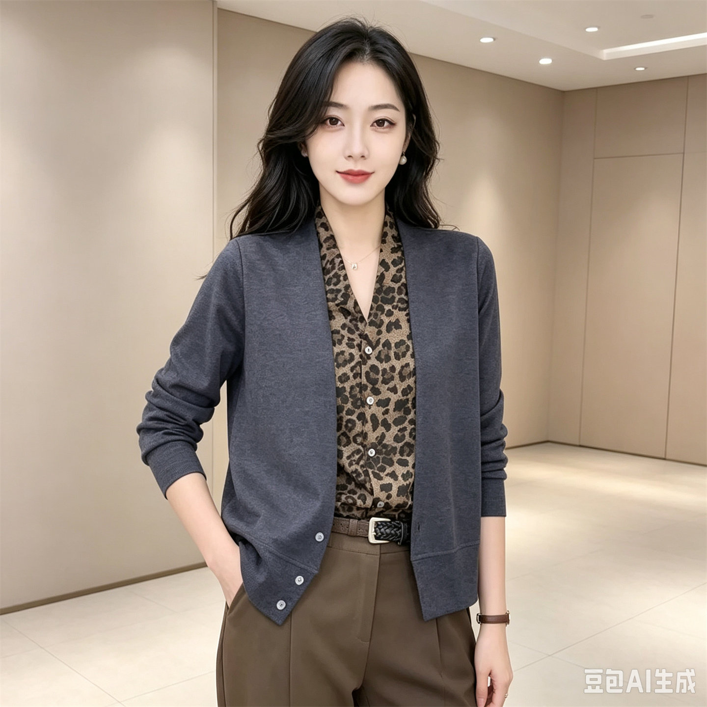 豹纹V领拼接假两件宽松显瘦衬衫