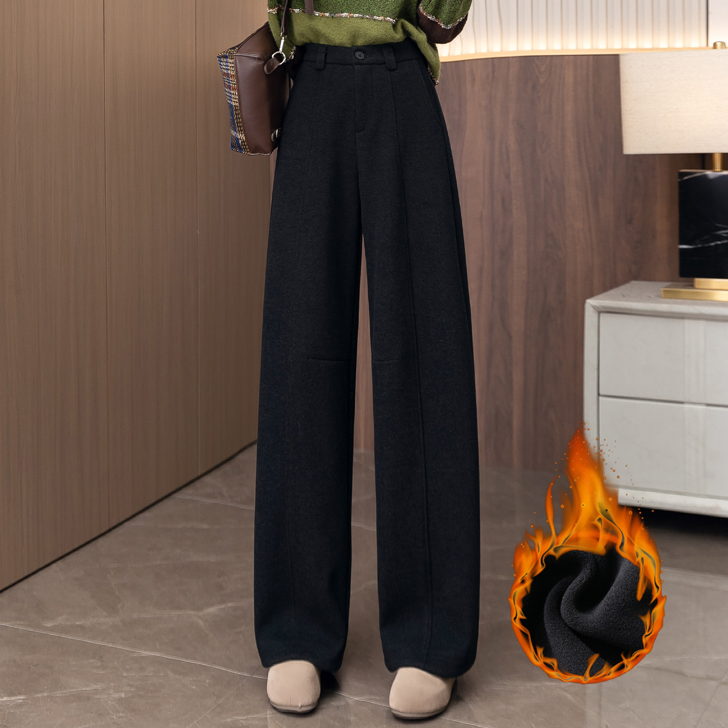 加绒加厚高腰弯刀阔腿裤女秋冬新款显瘦垂感直筒休闲长裤通勤西裤