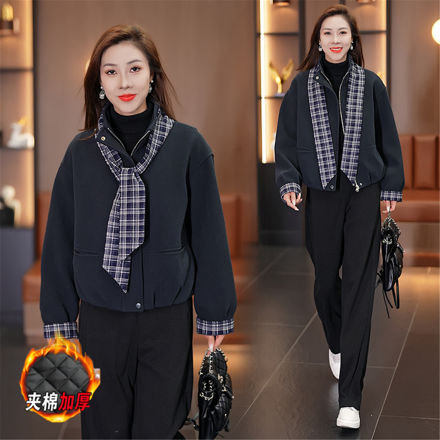 韩系夹棉加厚毛呢外套女士秋冬时髦洋气立领短款保暖呢子夹克上衣