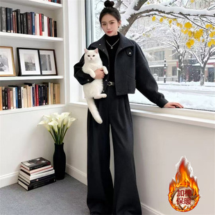 韩版毛呢套装女秋冬装加棉加厚保暖开衫外套阔腿裤显瘦通勤两件套