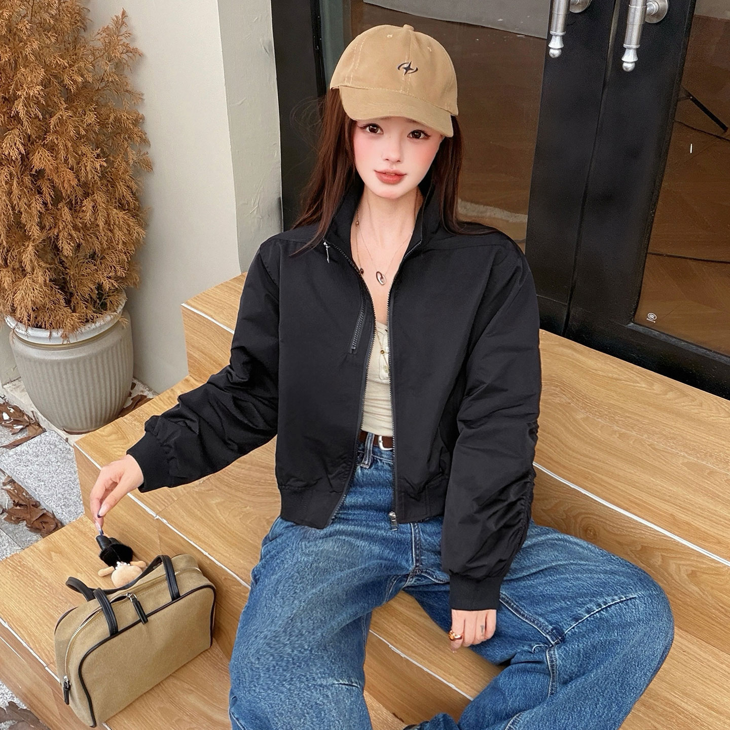 黑色立领宽松薄款短外套女春秋图片