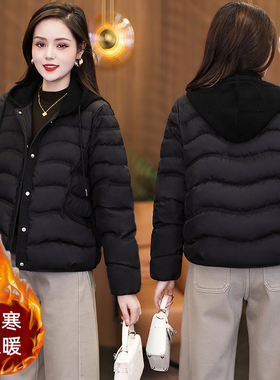 黑色连帽短款棉服女2025新款冬季时尚宽松保暖拉链外套通勤棉袄子