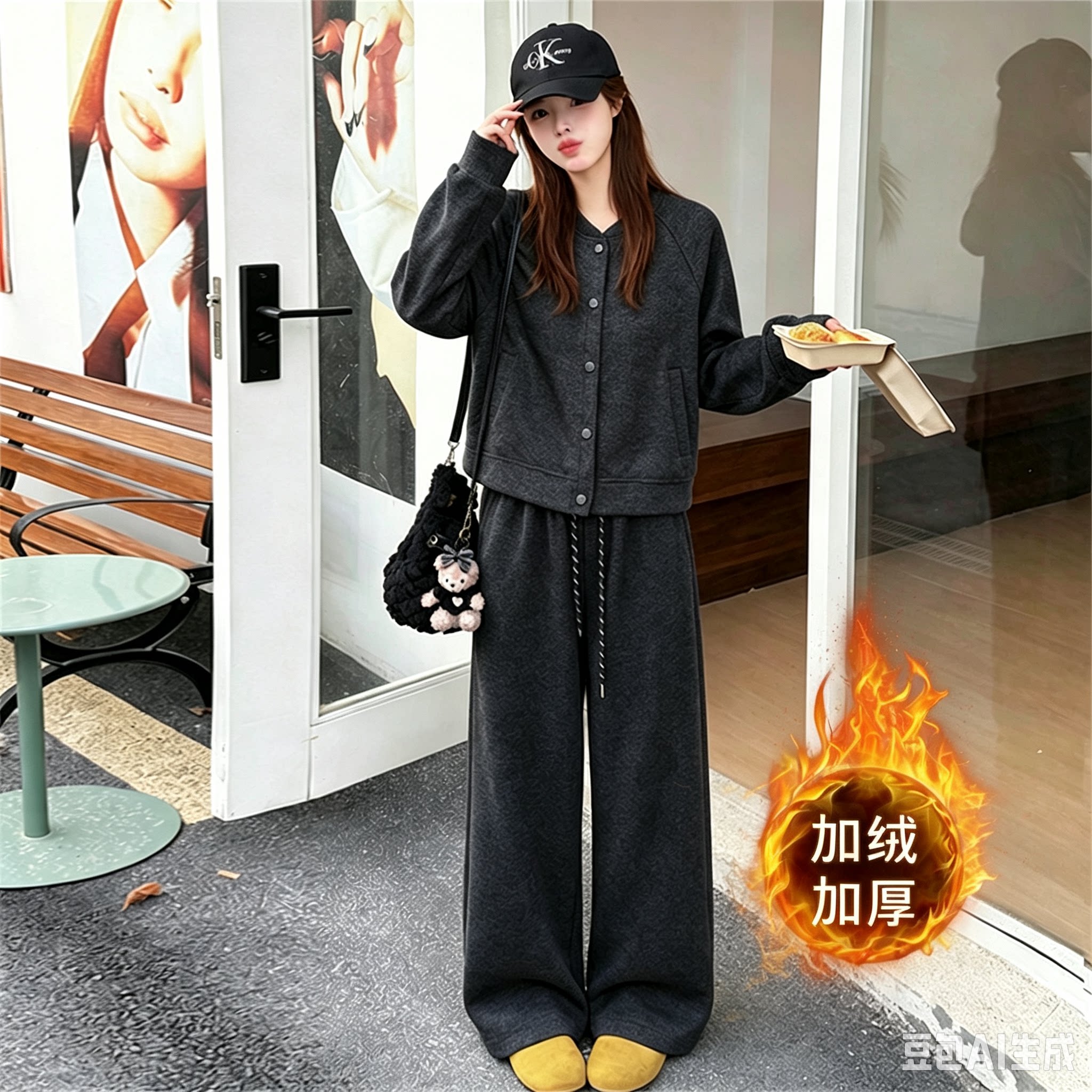 秋冬加绒女士开衫阔腿裤两件套装
