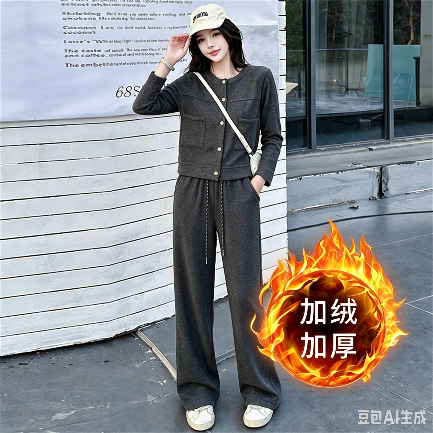 高级感灰色休闲运动加绒套装女冬