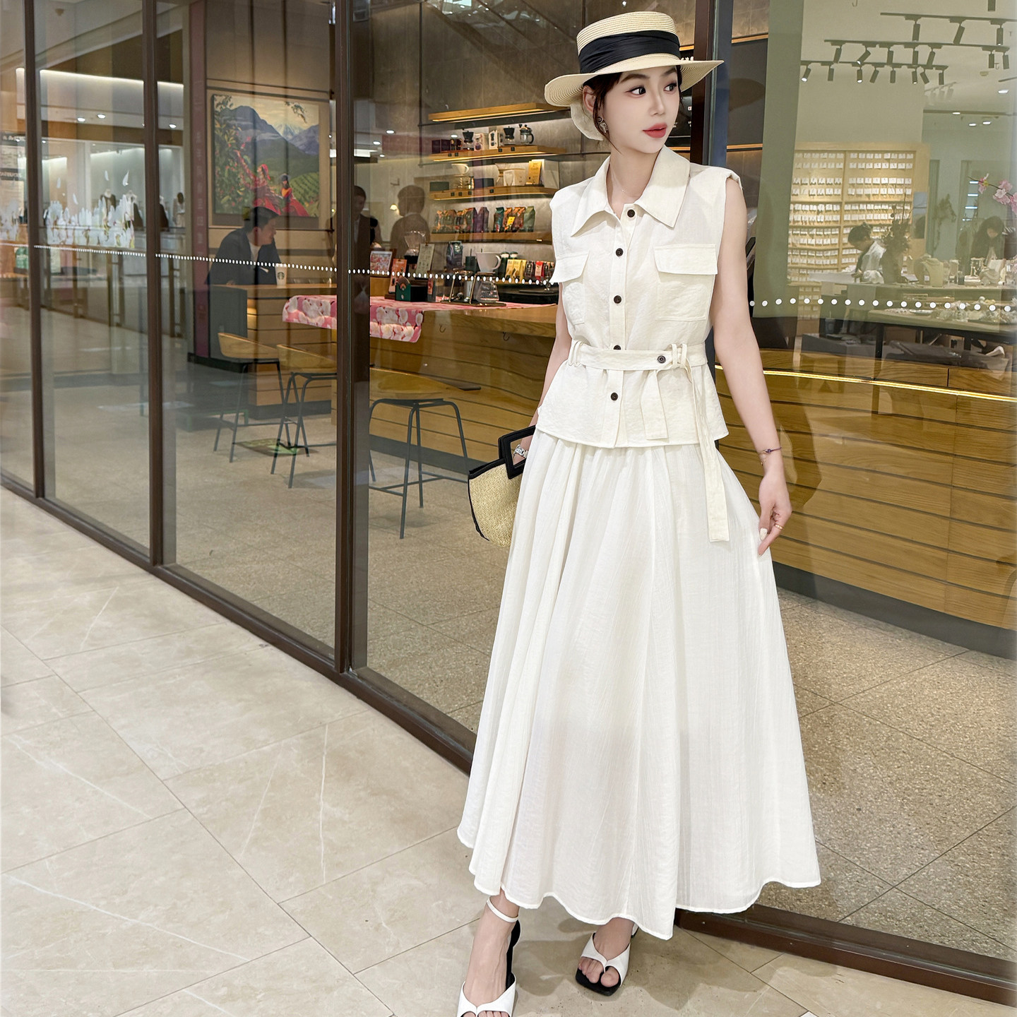 优雅工装风无袖翻领马甲衬衫半身裙两件套女夏气质显瘦通勤OL套装