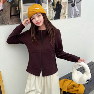 休闲慵懒风连帽卫衣女短款宽松拉链开衫外套藏蓝色德绒打底衫上衣