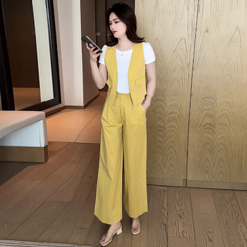 春夏通勤职业西装马甲套装女洋气显瘦内搭短袖马甲阔腿裤三件套装