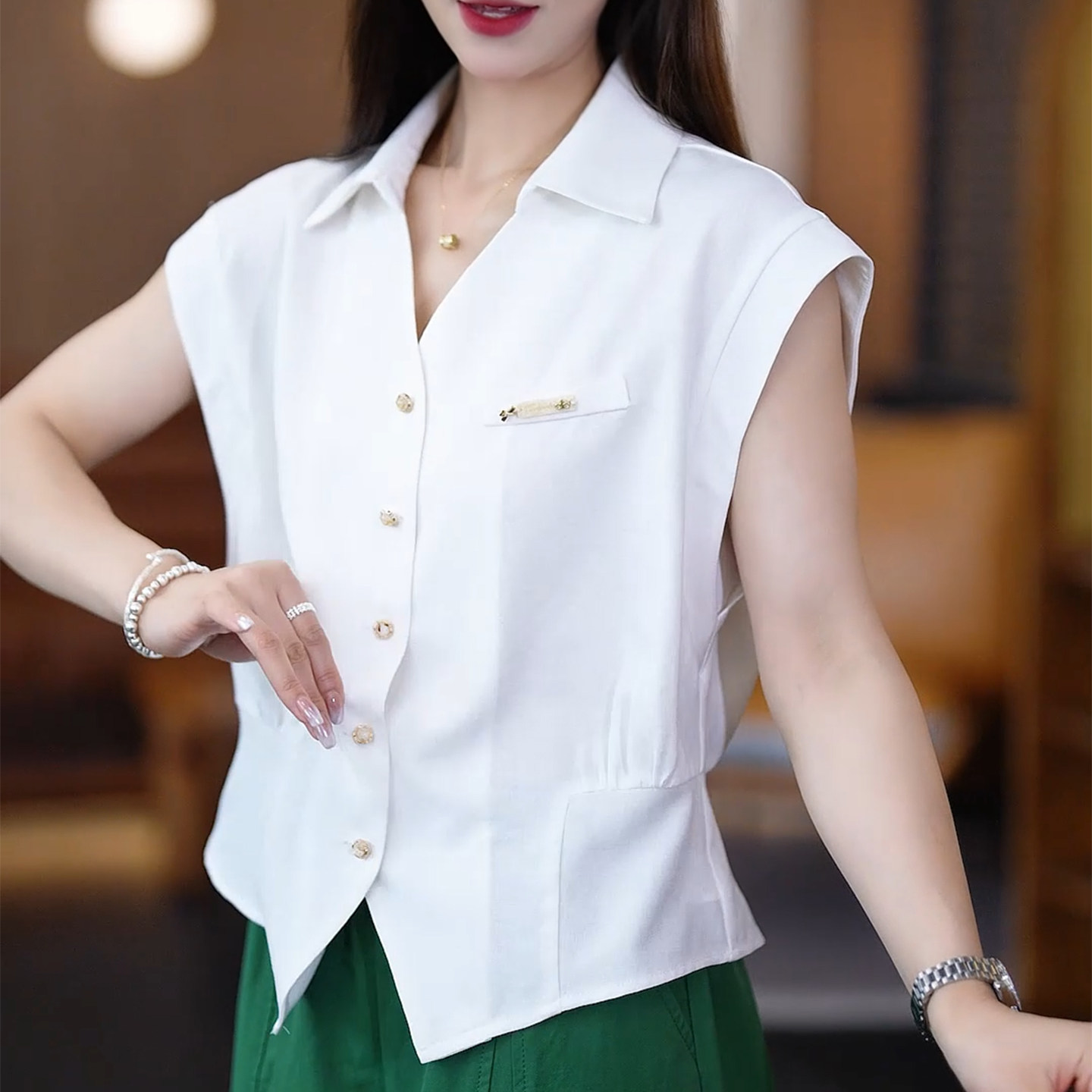 韩版白色无袖收腰显瘦衬衫女夏季
