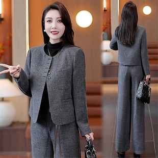 时尚西装毛呢套装女秋冬2025新款时髦洋气显瘦短外套阔腿裤两件套