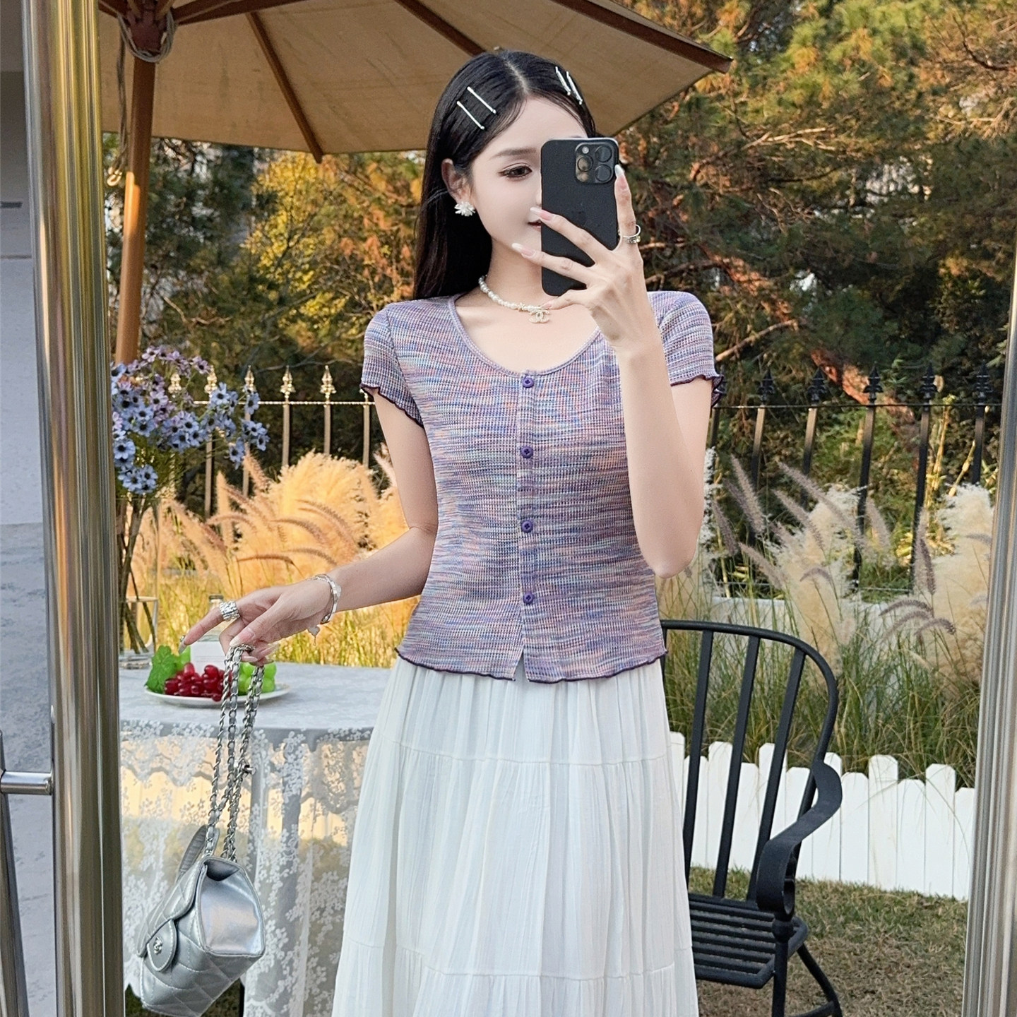 夏季紫条修身短袖针织T恤女上衣