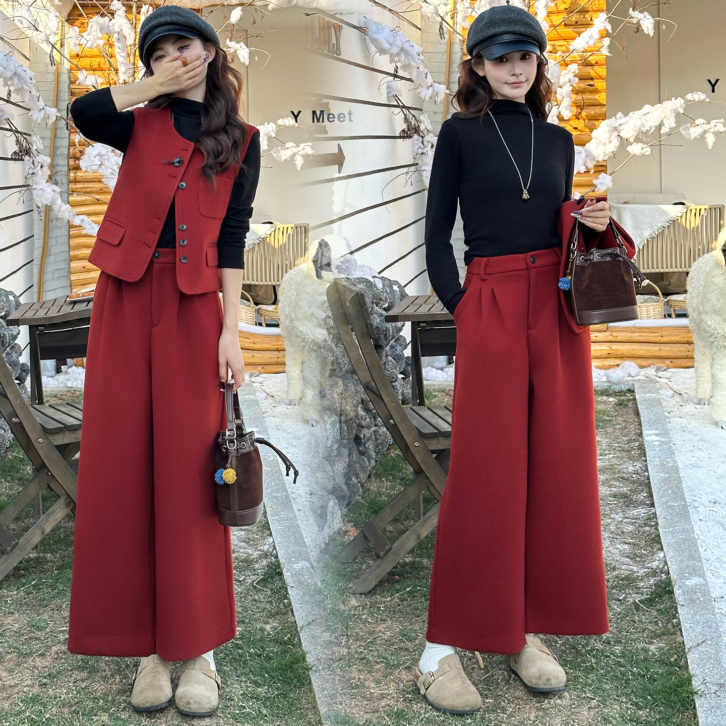 高级感红色通勤时尚套装女2025秋冬新款气质简约马甲阔腿裤三件套