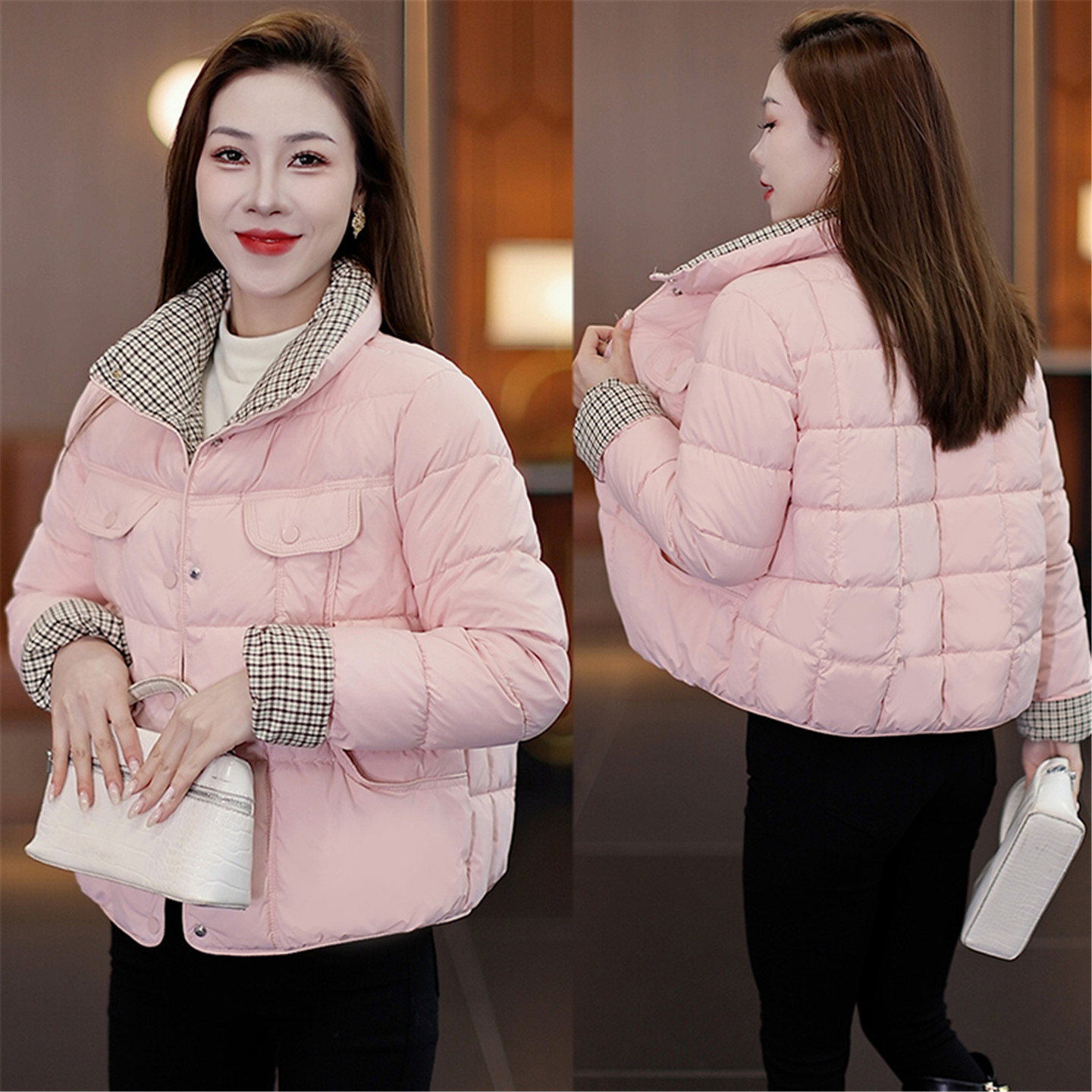 格纹拼接棉服女短款冬季加厚棉衣
