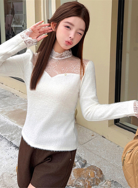 法式半高领蕾丝拼接长袖T恤女秋冬内搭打底衫白色设计感显瘦上衣t