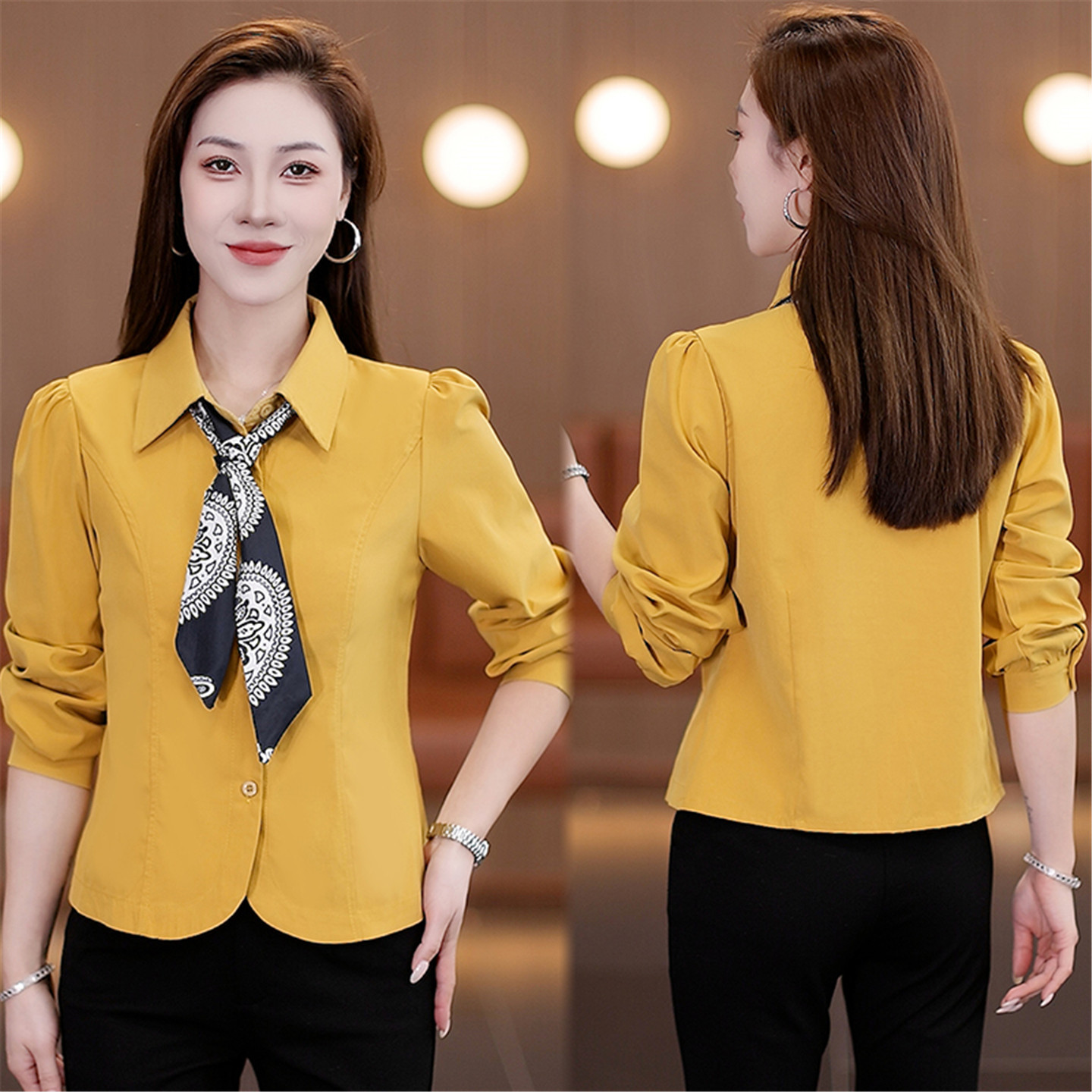 2025春秋新款时尚长袖衬衫女洋气修身显瘦时髦丝巾衬衣别致上衣服