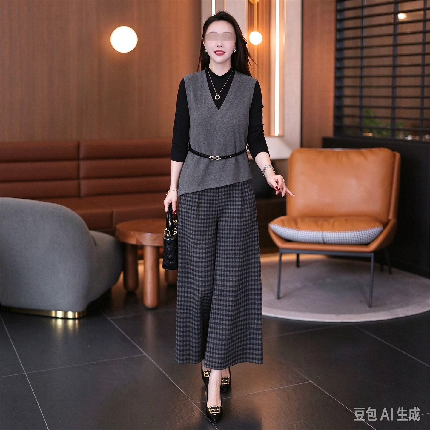 秋季女针织马甲阔腿裤通勤三件套
