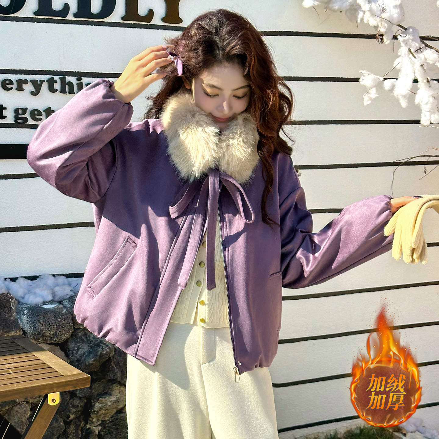 甜美风紫色短款棉服女冬大毛领蝴蝶结加厚外套韩系减龄小个子棉衣,女装/女士精品,棉衣/棉服,淘宝优惠券,粉丝福利购,淘宝优惠卷
